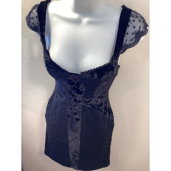 Free People Madeline NWOT Black Velvet Lace Sweetheart Polka Dot Mini Dress S - Picture 9 of 9